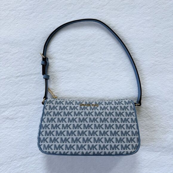 Michael Kors Jet Set Medium Pouchette Monogram Chambray Shoulder Bag Blue - Picture 1 of 9